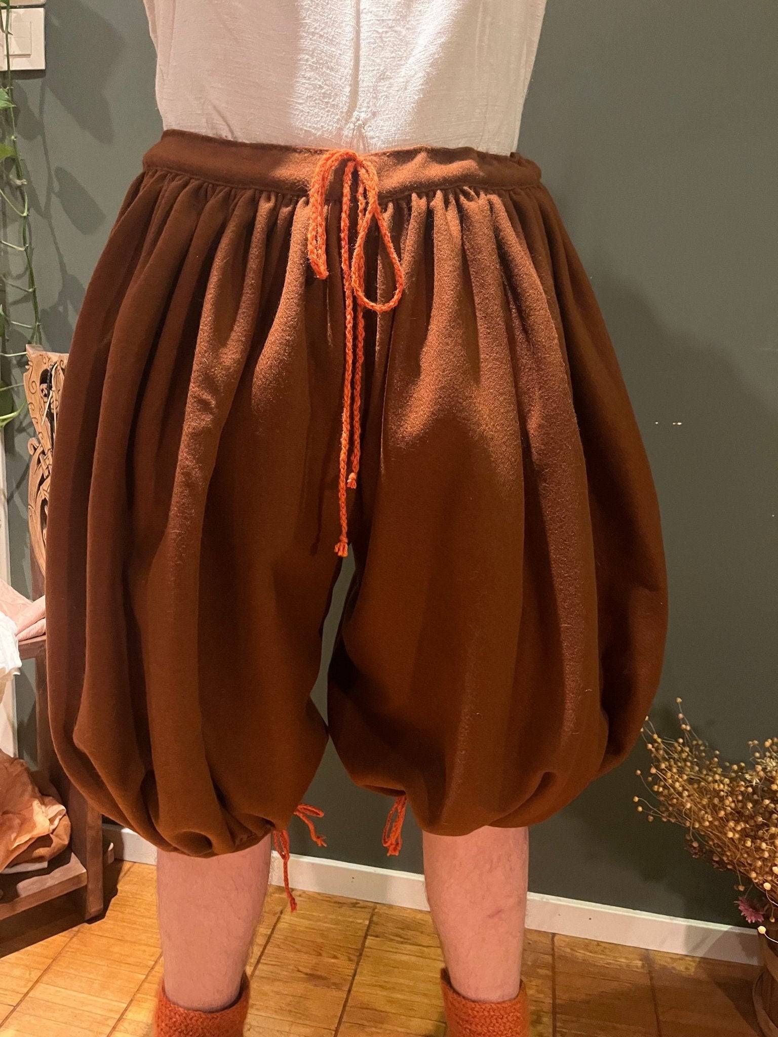 Front view of wide Viking Age Hedeby pants in brown