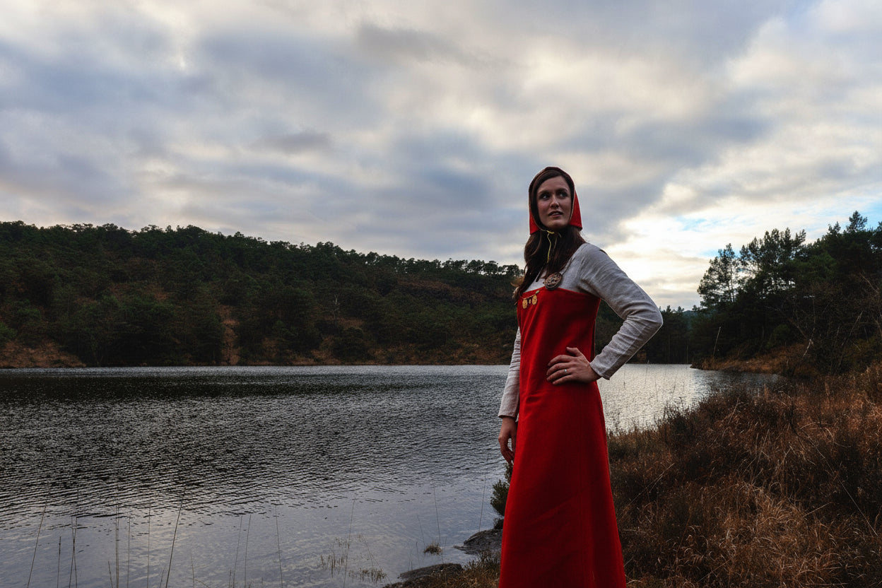 • FREYDIS • Hand - Sewn Viking Age Apron Dress in Green & Blue Shades | Premium Thin Twill Wool (290 g/m²) | Based on Haithabu Harbor Fragments H14A, H14B & Graves 159/1960, 182 - 185/1960 - MIMIRS SAUM